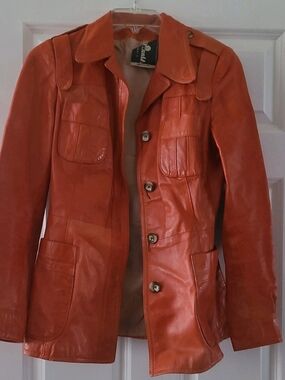 Vintage 70s Alan Cherry Toronto Orange Leather Safari Trench Jacket Coat